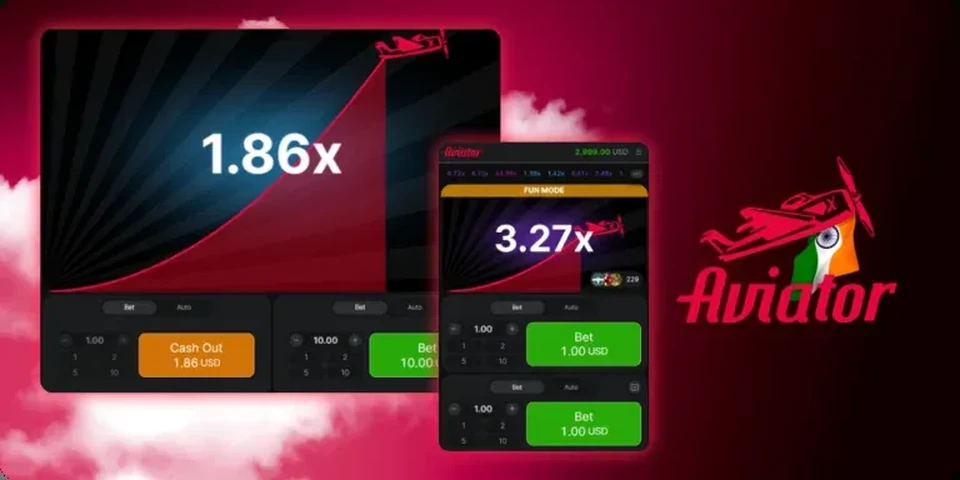 Aviator game apk running on Android, showing a 1.86x and a 3.27x cash-out